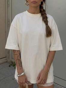 SHEIN EZwear 宽松T恤，休闲简约沙丁鱼水果格纹图案，圆领短袖宽松版型女式T恤，适合夏季、度假、海滩穿着 - 白色 - 查看 2