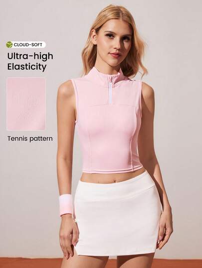 CourtClass Camisa deportiva de tenis para mujer, primavera/verano, de color rosa, ajustada, sin mangas, con cuello alto, panel frontal con contraste de color y línea de empalme, con estampado deportivo de tenis, adecuada para uso diario casual, correr, yoga, gimnasio, tenis, golf