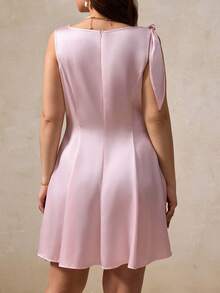 Elegantrix 大码女式春夏法式休闲蝴蝶结领抽绳腰A字短款亮面面料连衣裙 - 粉色 - 查看 3