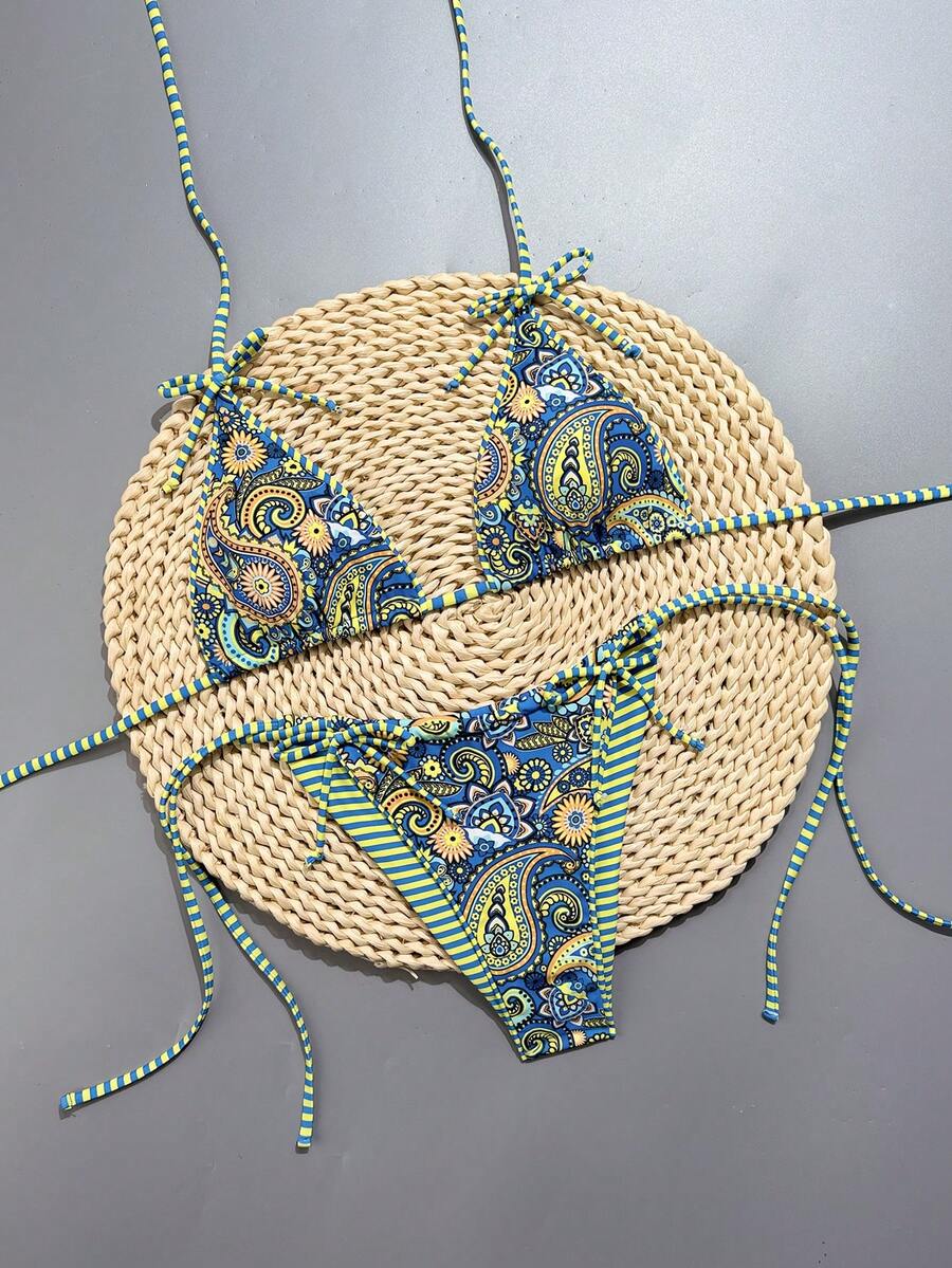 Swim Vcay 2pcs Leopard Print Bowknot Sexy Women Bikini Set, Halter Tankini Swimsuit - Multicolor - View 1