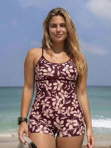Swim SPRTY Plus Size Women's Fashionable One-Piece Swimsuit, Spaghetti Strap, Slimming, Printed, Casual, Sports, Beach, Vacation - Rust Brown - View 3