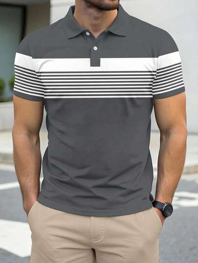 Manfinity Homme Simple Gray & White Striped Colorblock Print Casual Men's Standard Polo Shirt