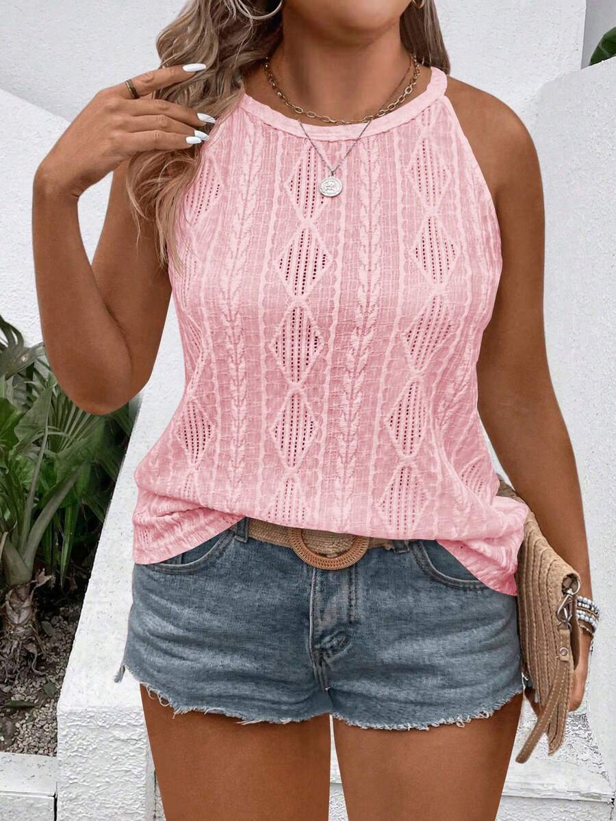 EMERY ROSE Blusa de verano de estilo minimalista y casual para mujer talla grande, con estampado de diamantes jacquard en unicolor - Rosa - Ver 1