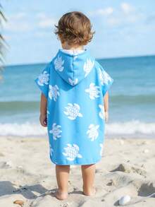 Toddler Boys'Cute Cartoon Turtle Blue And White Striped Summer Beach Holiday Hooded Cover Up Swimwear,V-Neck Baby Wearable Towel,Infant Swim Poncho - Blue and White - View 3