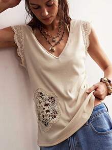 Bohemela 休闲纯色V领短袖修身女式T恤 - 杏色 - 查看 2