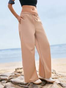 SHEIN Women's Linen Drawstring Waist Wide Leg Pants - Khaki - View 3