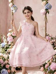 SHEIN 少女夏季碎花不对称肩连衣裙 - 粉色 - 查看 3