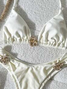 Swim Chiccia Women's Solid Color Halter Neck Floral Metal Jewelry Bikini Set, Spring/Summer - Beige - View 4