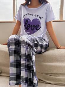 Women Leisure And Simple Letter Print Plaid Pants Pajama Set - Purple - View 5
