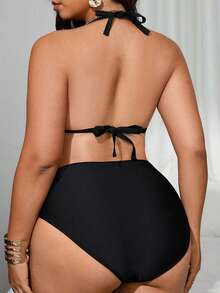 Swim SXY Plus Size 2pcs Halter Metallic Triangle Bikini Set, Classic Criss-Cross Sexy Beach Vacation Swimsuit - Black - View 2