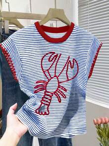 Franclia Women's Lobster Print Contrast Stripe Short Sleeve T-Shirt, Spring/Summer - Multicolor - View 1