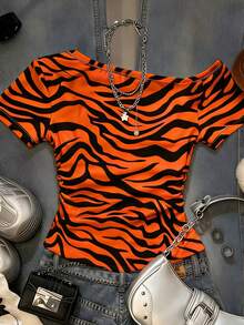 Glimmora Women's Summer Fashion Asymmetric Neck Zebra Print T-Shirt - White - View 3