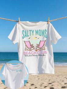 Resyla Salty Moms Beach Club Print Summer Vacation T-Shirt - White - View 1