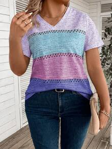 EMERY ROSE Áo thun nữ cỡ lớn cổ chữ V tay ngắn phối màu tương phản, in họa tiết. - Nhiều màu - Xem 6