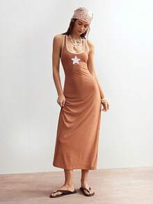 Bohemela 女士无袖休闲长连衣裙，饰有星星贴花边饰设计 - 橘色 - 查看 6