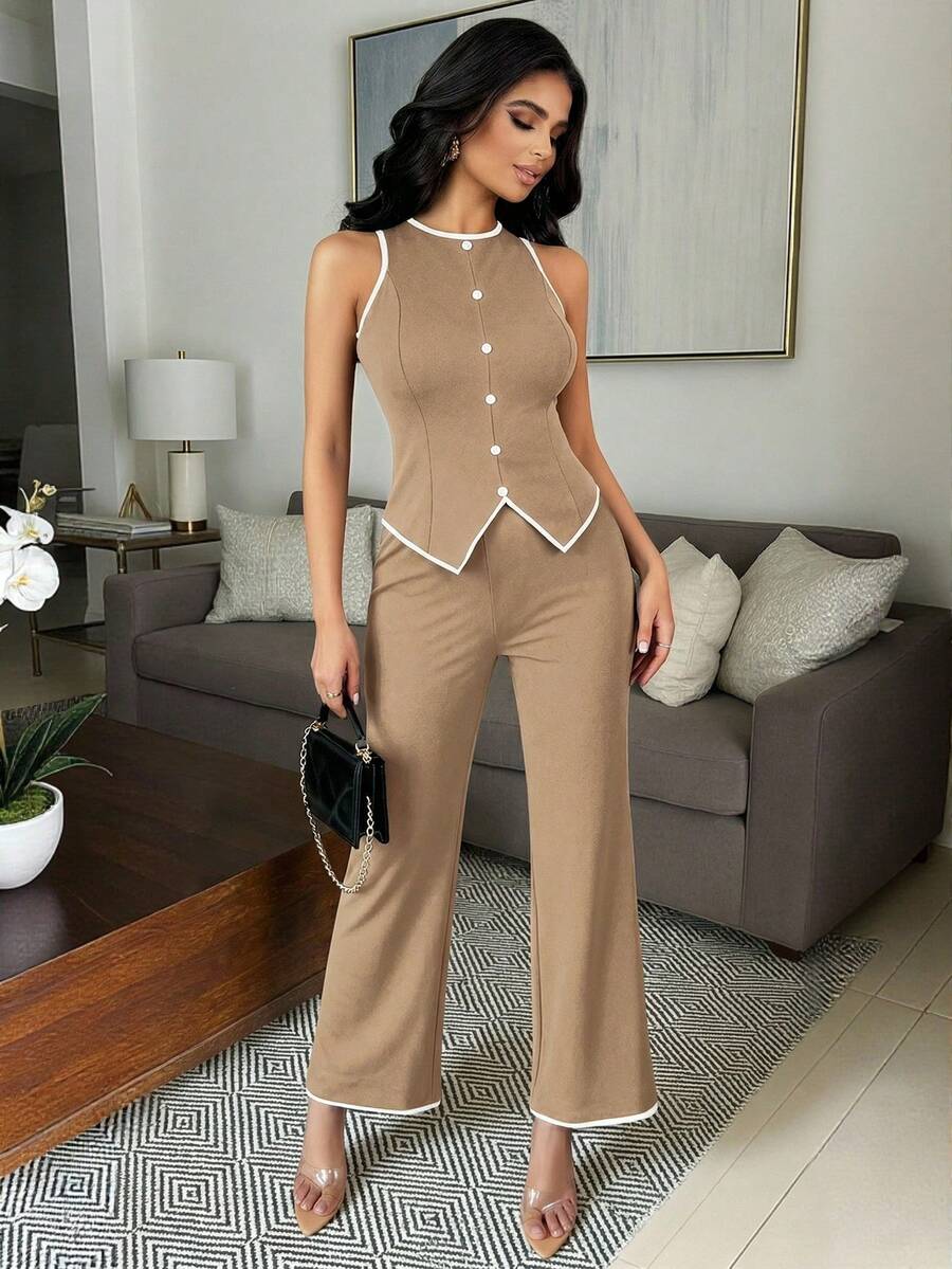 Black & White Contrast Color Block Sleeveless Thin 2 Pieces Set With Elegant Metal Buttons For Women - Khaki - View 1