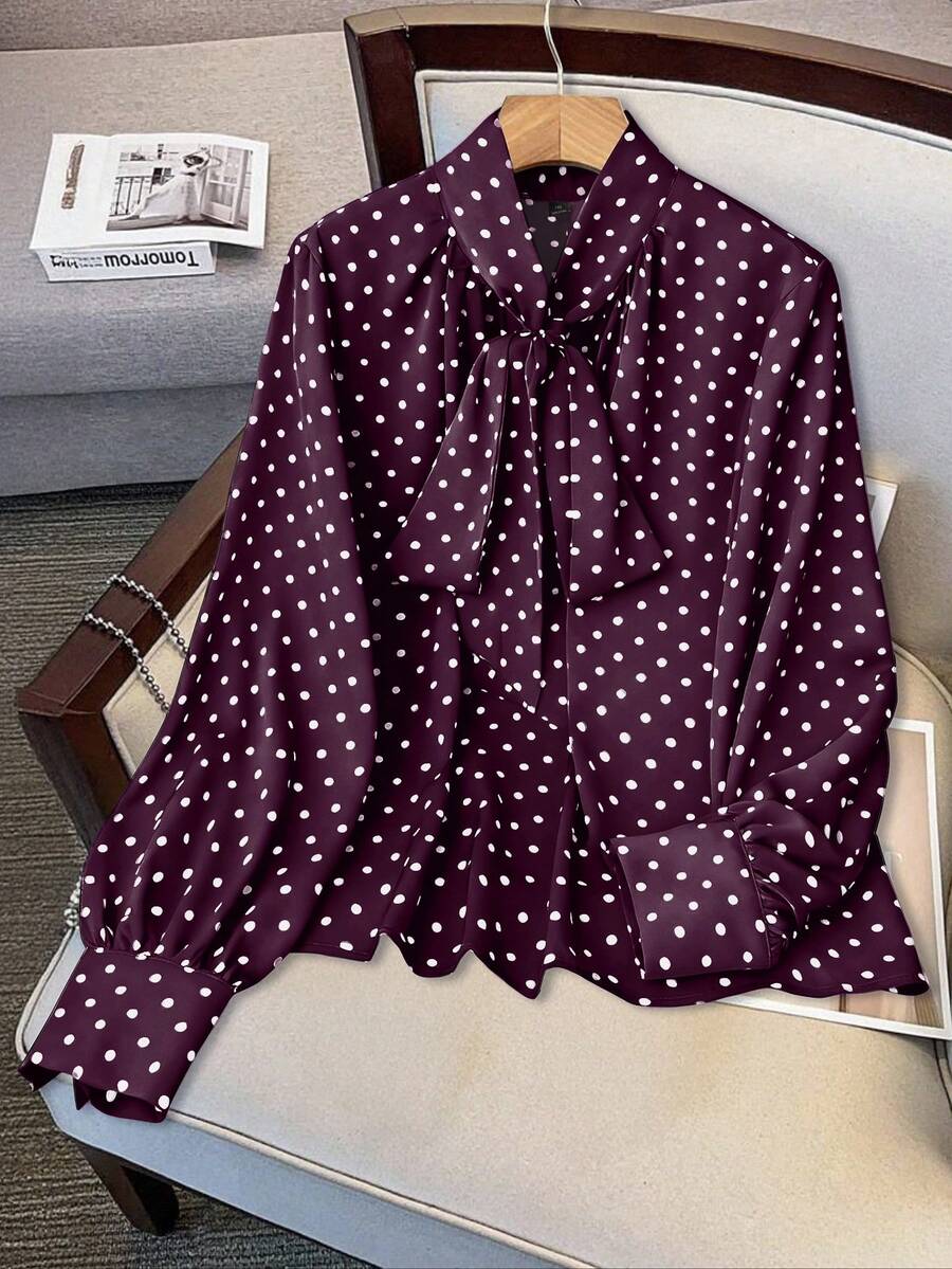 GlowEve Áo sơ mi chấm bi dệt kim thường ngày dành cho nữ, kiểu dáng mùa thu. - Màu đỏ tím - Xem 1
