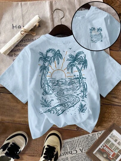 Tween Girl Round Neck Palm Tree Print Short Sleeve T-Shirt, Casual Minimalist Style Suitable For Summer
