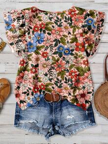 EMERY ROSE 大码女式休闲优雅度假风印花圆领双层荷叶袖宽松衬衫；女式夏季服装；女式度假装；女式夏季服装 - 彩色 - 查看 2