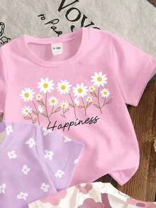 Souflis Souflis Set da 3 pezzi di magliette casual e carine per bambina, con stampe floreali e di lettere, collo rotondo, maniche corte. Outfit versatile e multicolore adatto per primavera/estate e vacanze - Multicolore - Visualizzare 3