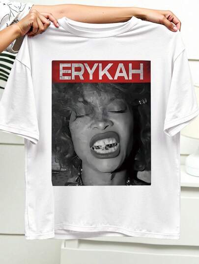 Maweii 大码时尚现代女孩肖像印花休闲女式圆领短袖T恤