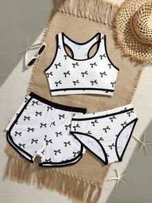 Tween Girl Bow Print Round Neck Tankini Top And Shorts 2-Piece Bikini Set Set - Black and White - View 1