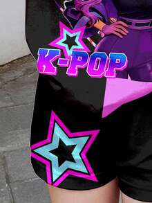 紫色与深黑色撞色，韩式卡通女孩印花，少女休闲短袖T恤短裤两件套，适合夏季穿着 - 彩色 - 查看 5