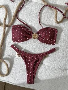 Swim Vcay Women's Random Floral Print Halter Metal Jewelry Bikini Set, Spring/Summer - Multicolor - View 2