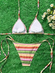 Swim Mod 2026 Spring/Summer Women's Black Background White Polka Dot Random Print Sweet Cute Side Tie Halter Bikini Two Pieces Swimsuit - Multicolor - View 2