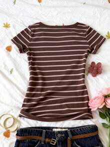 Glimmora Camiseta de mujer de manga corta con cuello redondo, estampado digital a rayas, estilo minimalista de moda, regalo para amigos - Multicolor - Ver 2