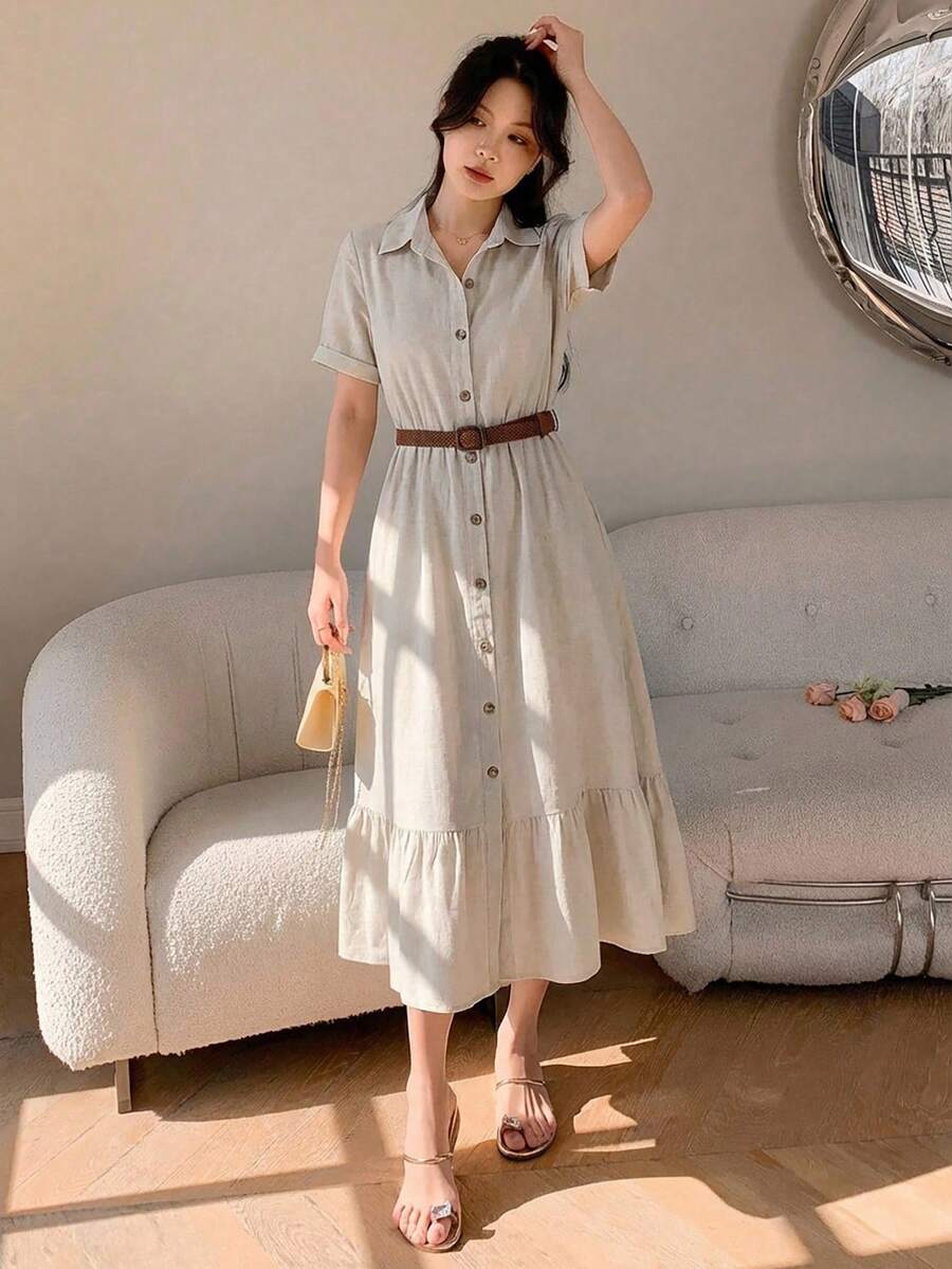 Women's Casual Elegant A-Line Mid-Length Dress, With Collar Short Batwing Sleeves, Front Button Design, Ruffle Hem - Light Beige - View 1