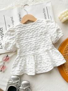 Genkimix Kids 女童白色提花蝴蝶结花瓣袖衬衫，儿童短袖衬衫 - 白色 - 查看 3