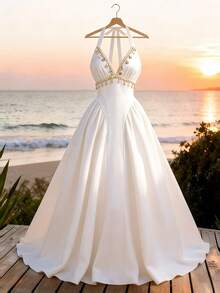 Qadelle 女士系带领口褶皱腰身优雅长裙，适合派对和各种场合 - 杏色 - 查看 1