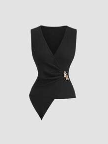 Sweetra Conjunto feminino casual com blusa assimétrica e calça com fivela metálica, ideal para o dia a dia na primavera/verão. - Preto - Ver 4