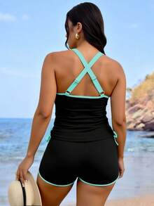 Swim Lushoire Bộ bikini gợi cảm, thanh lịch dành cho nữ cỡ lớn, cổ tròn, dây đeo có thể điều chỉnh, lưng chéo, eo có dây rút, kết hợp với quần short cạp cao, thích hợp cho kỳ nghỉ biển. - Nhiều màu - Xem 2