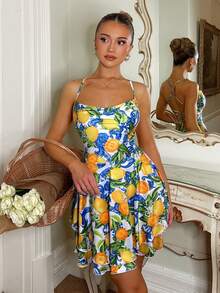 Glamine Charm 无肩带浪漫露背柠檬花卉装饰性感层叠蛋糕式沙滩度假休闲优雅女士夏季连衣裙 - 黃色 - 查看 4