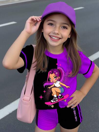 2pcs/Set KPOP Girl Group "Witch Hunter" Korean Girl Group "Golden" Graphic Print T-Shirt & Shorts Set, Fashion Digital Print, Casual, Versatile, Black & Purple, Suitable For Girls, Kids & Teens, Spring, Summer, Autumn, Winter