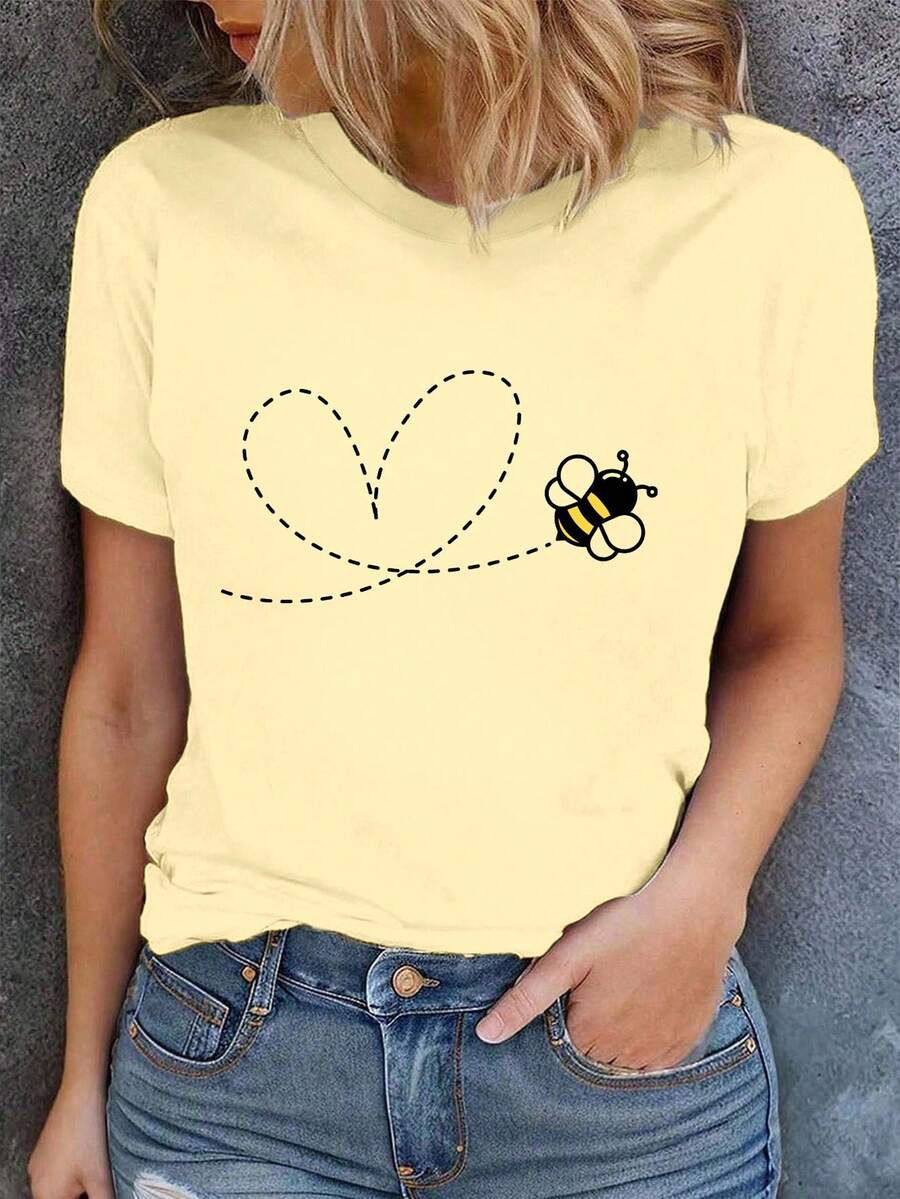 EMERY ROSE Plus Size Women's Summer Honeybee Heart-Shaped T-Shirt, Cute Printed Round Neck Short Sleeve Top, Graphic Tee - Apricot - View 1
