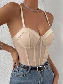 Glamine Solid Color Spaghetti Strap Fishbone Seam Sleeveless Stylish Bodysuit - Khaki - View 6