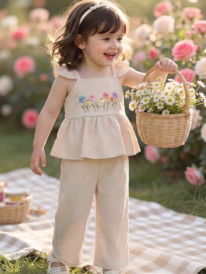 Bộ 2 món cho bé gái mùa hè, gồm áo hai dây trễ vai tay bồng thêu hoa và quần ống đứng, màu mơ, kiểu dáng tối giản, dễ thương.