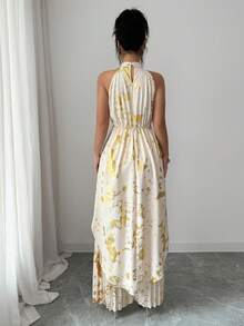 SHEIN Elenzya Spring And Summer New Style: A Non-Repeating, Irregular-Cut Off-Shoulder Top With A Beige Base And Gold Foil Embellishments, Paired With A High-Waisted Pleated Wide-Leg Pants. This Two-Piece Set Has An Extremely Strong Draping Effect. The Ink Wash Print And The Gold Foil Technique Give It A Glossy Finish And An Extremely High-End Look. The Pleated Pants Have A Crisp And Stylish Design, Are Not Prone To Wrinkling, And Have A Good Draping Effect. It Is Suitable For Formal Occasions Such As Dinners - Apricot - View 2