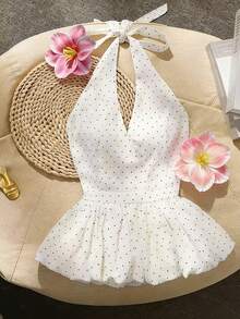 Trelyra Women's Elegant Vacation Sexy Spaghetti Strap V-Neck Backless Tie Ruffle Polka Dot Blouse - White - View 1