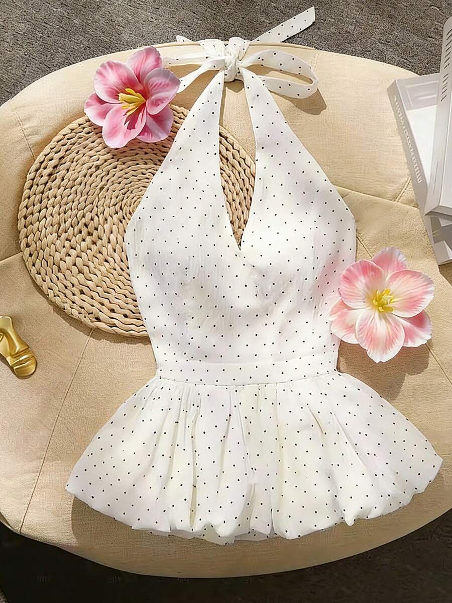 Trelyra Women's Elegant Vacation Sexy Spaghetti Strap V-Neck Backless Tie Ruffle Polka Dot Blouse - White - View 1