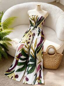 Airaco Women's Casual Tropical Print Bandeau Jumpsuit - Apricot - View 1