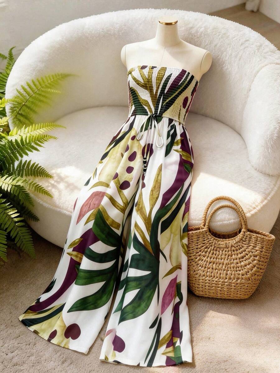 Airaco Women's Casual Tropical Print Bandeau Jumpsuit - Apricot - View 1