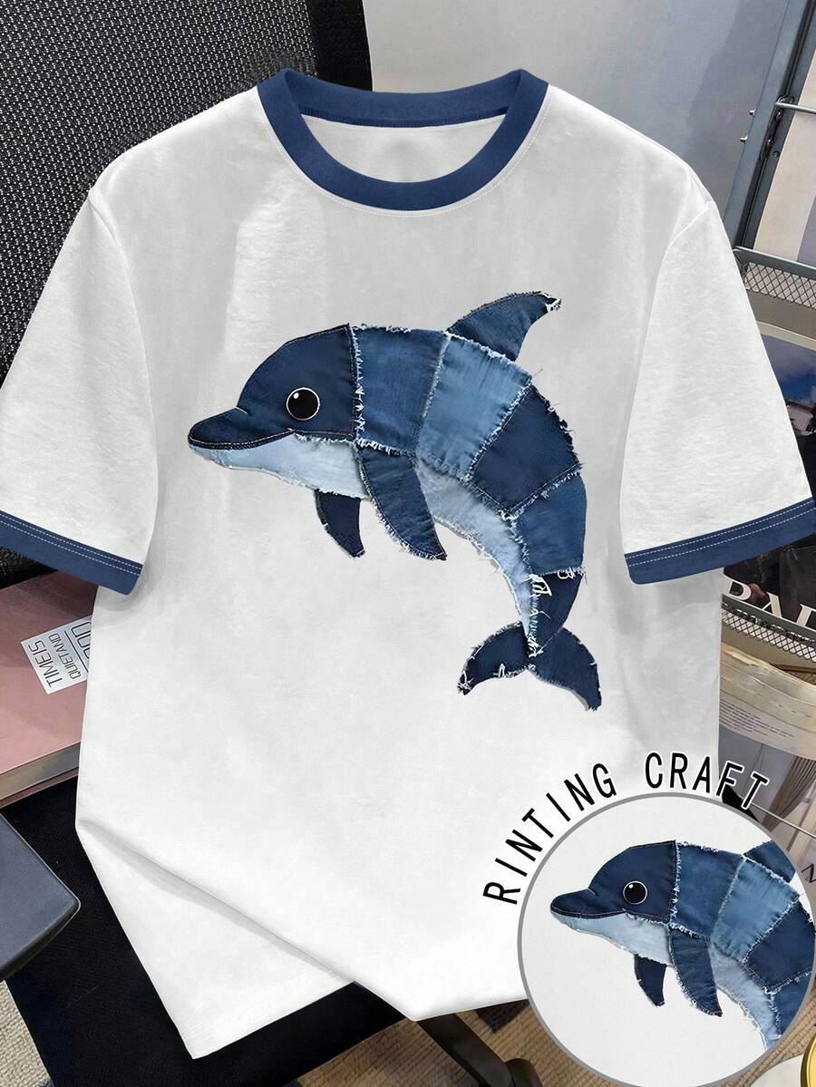 Manfinity Joysei 复古美式拼接海豚印花，蓝白撞色袖口和领口，宽松小众设计圆领T恤，男女皆宜 - 彩色 - 查看 1