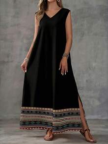 EMERY ROSE 女士度假休闲几何印花侧开衩连衣裙 女士夏季连衣裙 女士休闲连衣裙 波西米亚风女装 波西米亚风女装连衣裙 - 黑色 - 查看 4