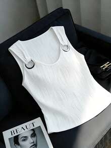 GlowEve New Metal Buckle Design Round Neck Versatile Casual Commuter Women Tank Top - White - View 1