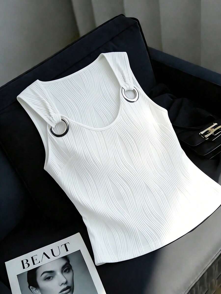 GlowEve New Metal Buckle Design Round Neck Versatile Casual Commuter Women Tank Top - White - View 1