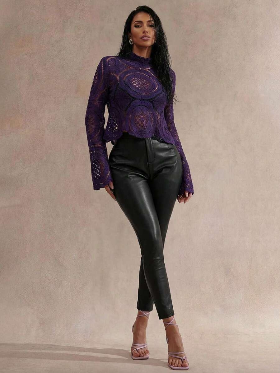 Glamine 水溶性花卉饰边薄纱长袖女式衬衫 - 紫色 - 查看 1